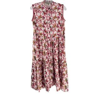 Khaadi Floral Midi Dress Sz 10 Pink Sleeveless Ruffle Button Front
